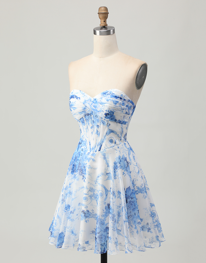 White Blue Floral Sweetheart Short Corset Homecoming Dress