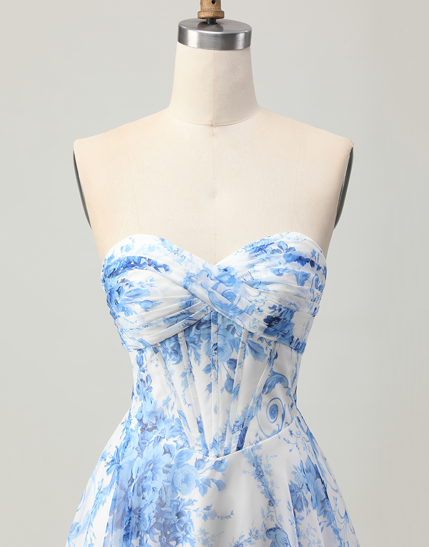 White Blue Floral Sweetheart Short Corset Homecoming Dress