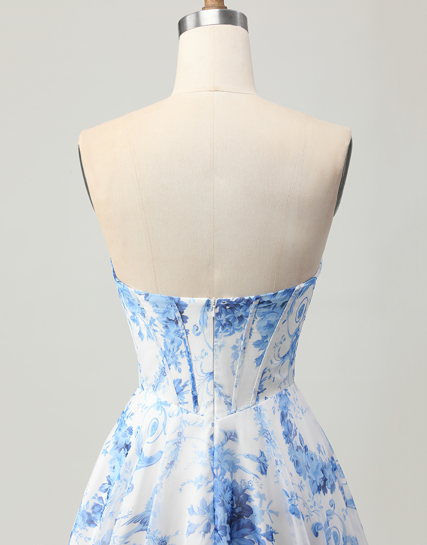 White Blue Floral Sweetheart Short Corset Homecoming Dress