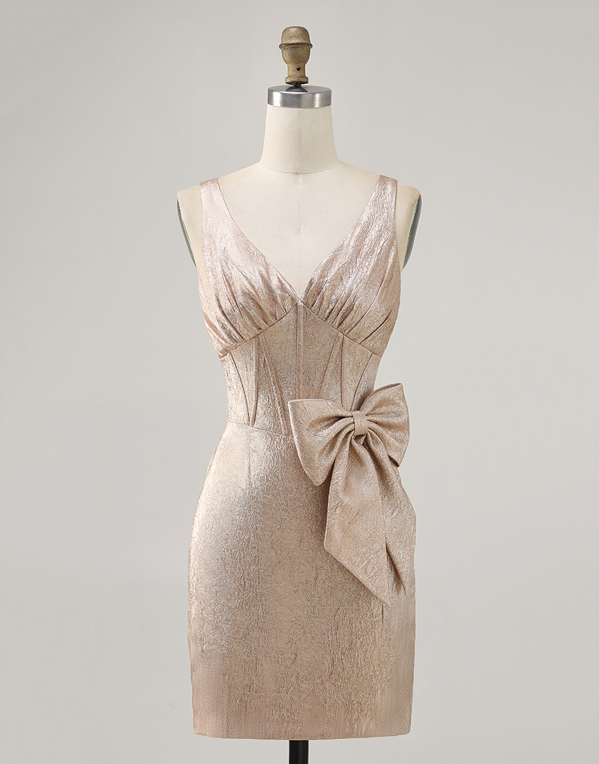 Champagne Jacquard V-Neck Short Corset Homecoming Dress with Bow