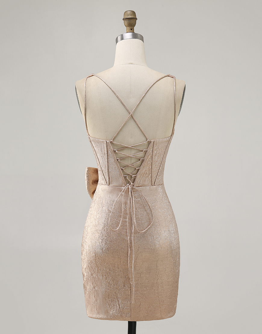 Champagne Jacquard V-Neck Short Corset Homecoming Dress with Bow