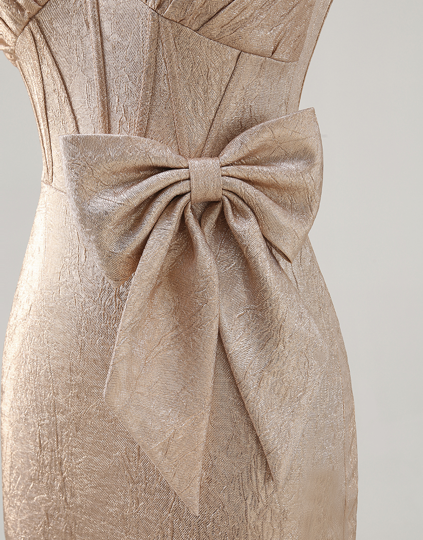 Champagne Jacquard V-Neck Short Corset Homecoming Dress with Bow