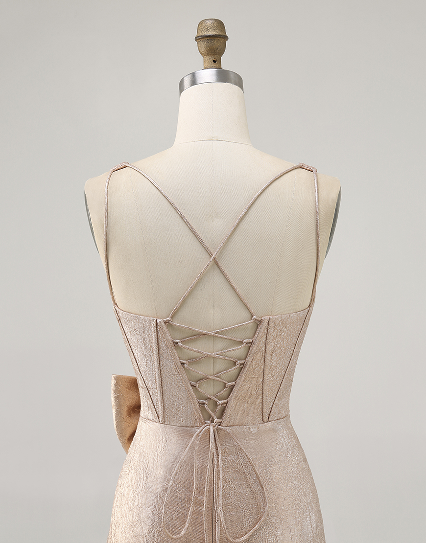 Champagne Jacquard V-Neck Short Corset Homecoming Dress with Bow