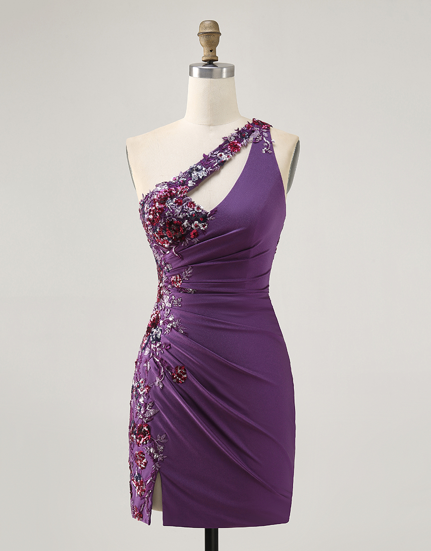 Sparkly Dark Purple Floral One Shoulder Tight Short Homecoming Dress