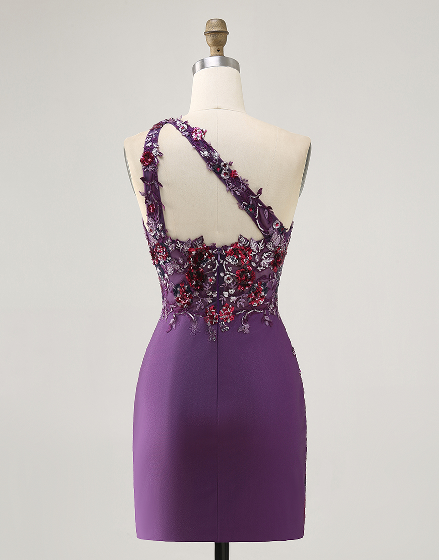 Sparkly Dark Purple Floral One Shoulder Tight Short Homecoming Dress