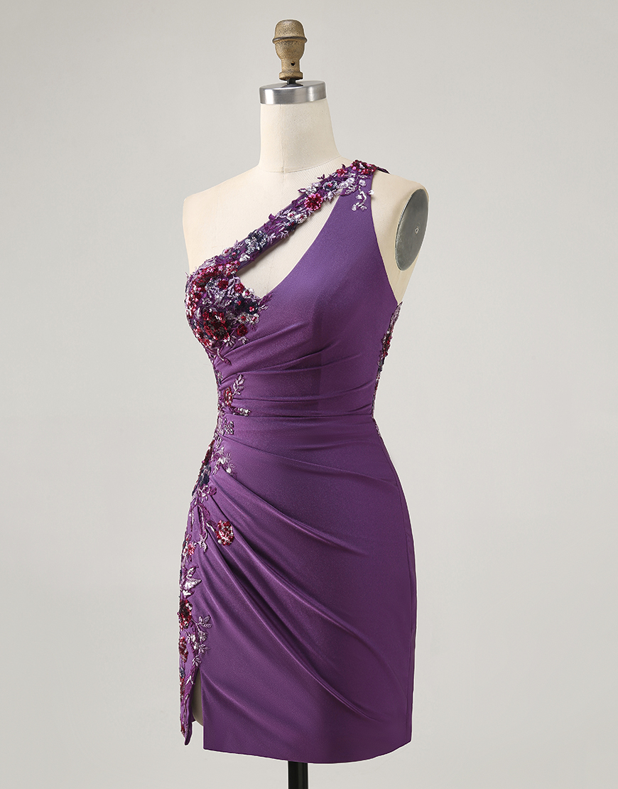 Sparkly Dark Purple Floral One Shoulder Tight Short Homecoming Dress
