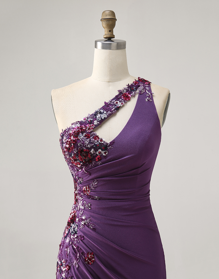 Sparkly Dark Purple Floral One Shoulder Tight Short Homecoming Dress
