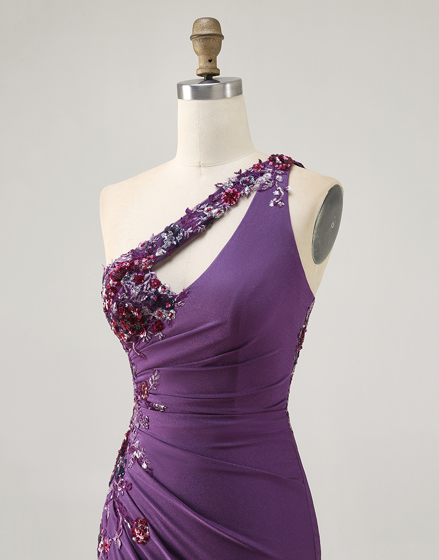 Sparkly Dark Purple Floral One Shoulder Tight Short Homecoming Dress