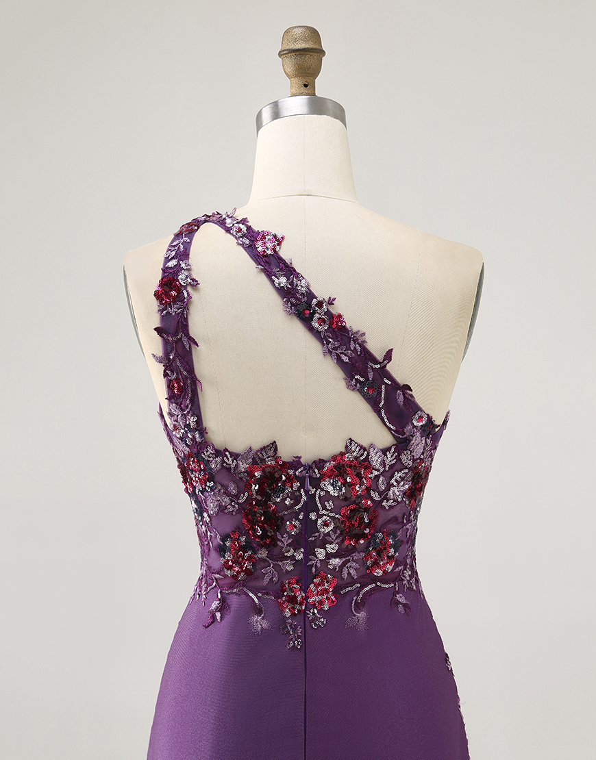 Sparkly Dark Purple Floral One Shoulder Tight Short Homecoming Dress
