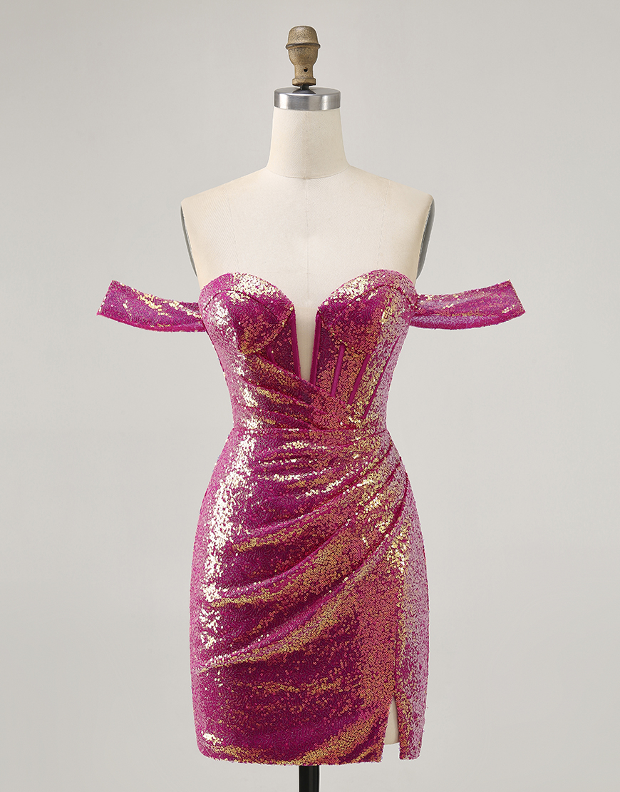 Sparkly Fuchsia Tight Off the Shoulder Sequin Short Corset Homecoming Dress