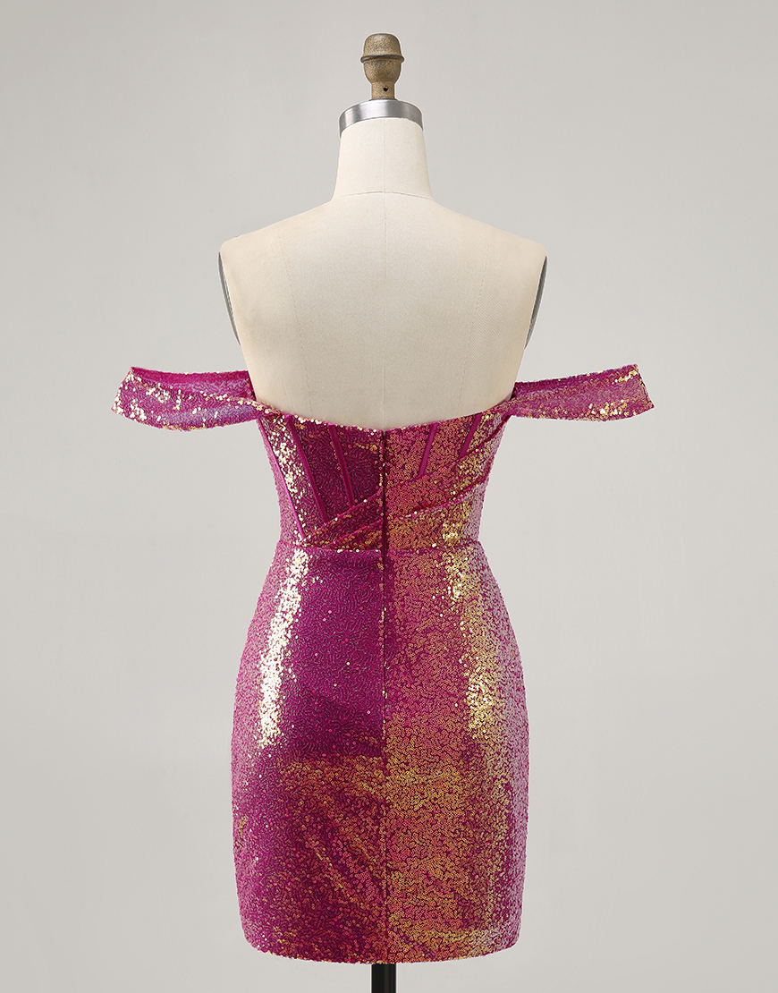 Sparkly Fuchsia Tight Off the Shoulder Sequin Short Corset Homecoming Dress