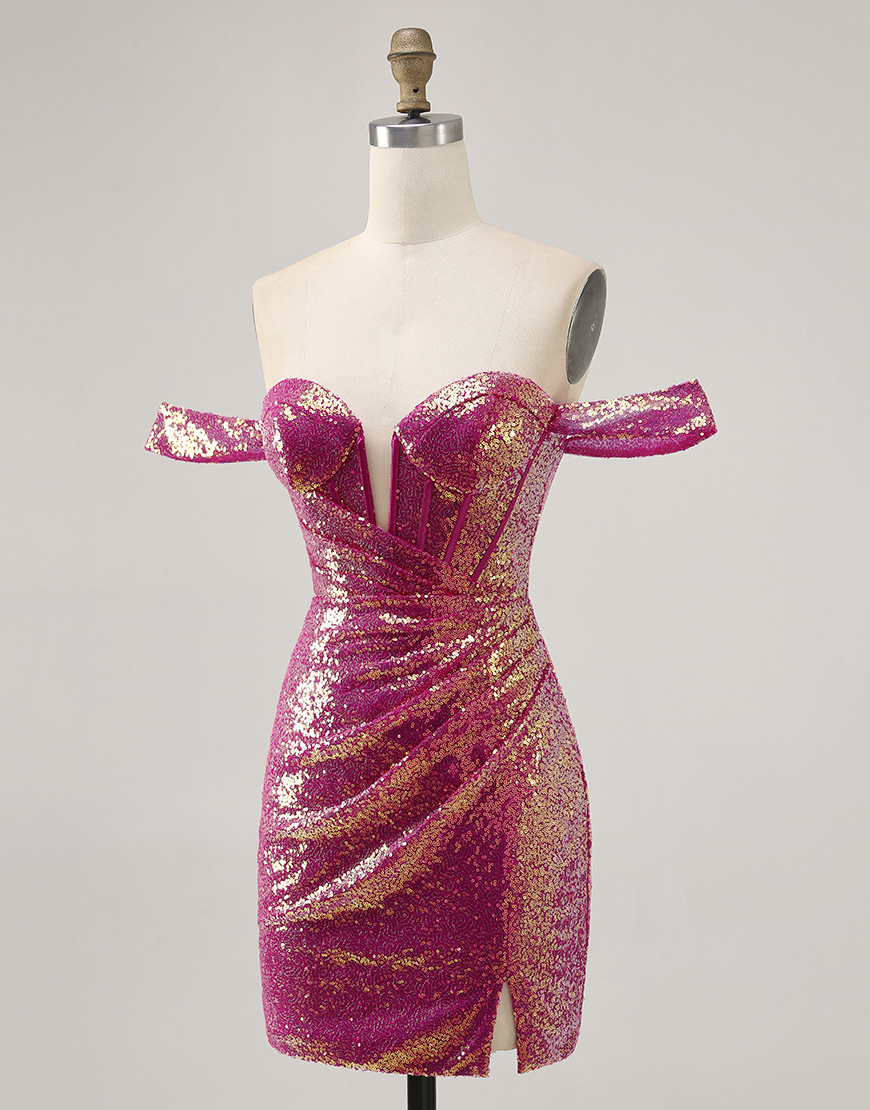 Sparkly Fuchsia Tight Off the Shoulder Sequin Short Corset Homecoming Dress