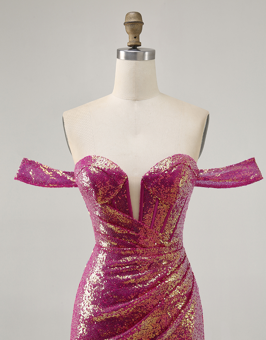 Sparkly Fuchsia Tight Off the Shoulder Sequin Short Corset Homecoming Dress