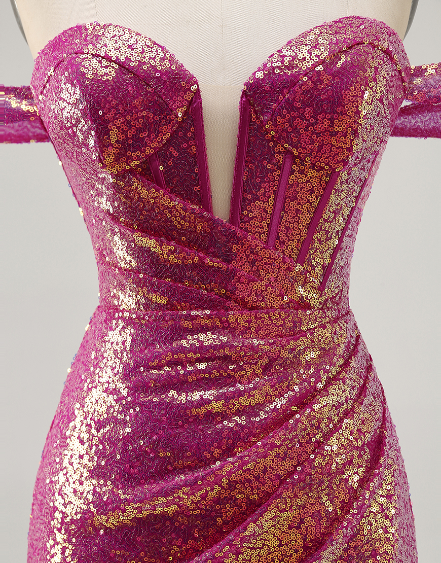 Sparkly Fuchsia Tight Off the Shoulder Sequin Short Corset Homecoming Dress