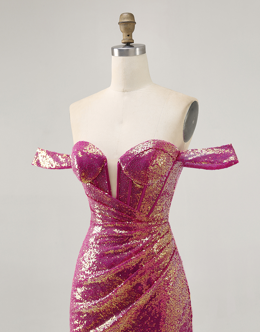 Sparkly Fuchsia Tight Off the Shoulder Sequin Short Corset Homecoming Dress