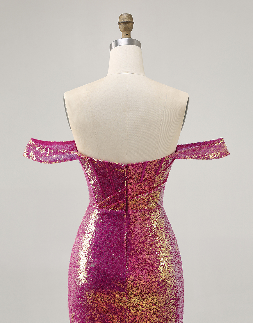 Sparkly Fuchsia Tight Off the Shoulder Sequin Short Corset Homecoming Dress