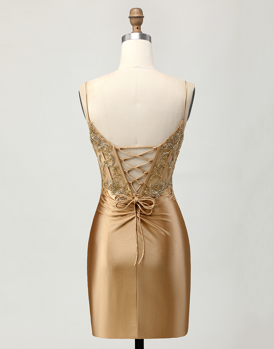 Sparkly Golden Satin Short Corset Homecoming Dress with Lace