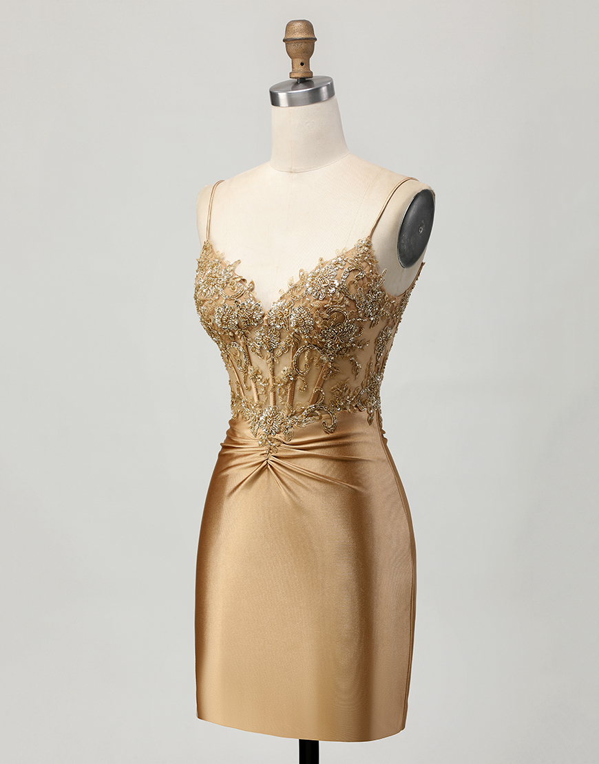 Sparkly Golden Satin Short Corset Homecoming Dress with Lace