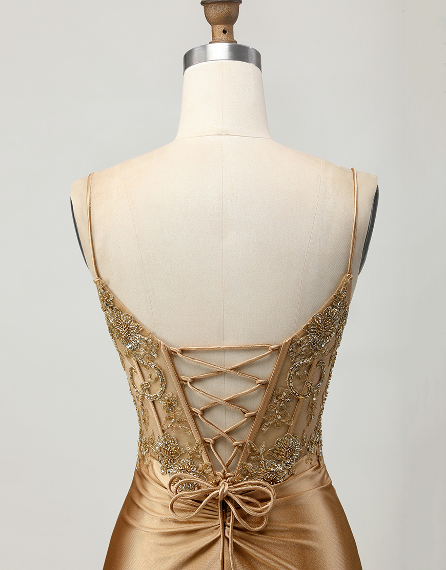Sparkly Golden Satin Short Corset Homecoming Dress with Lace