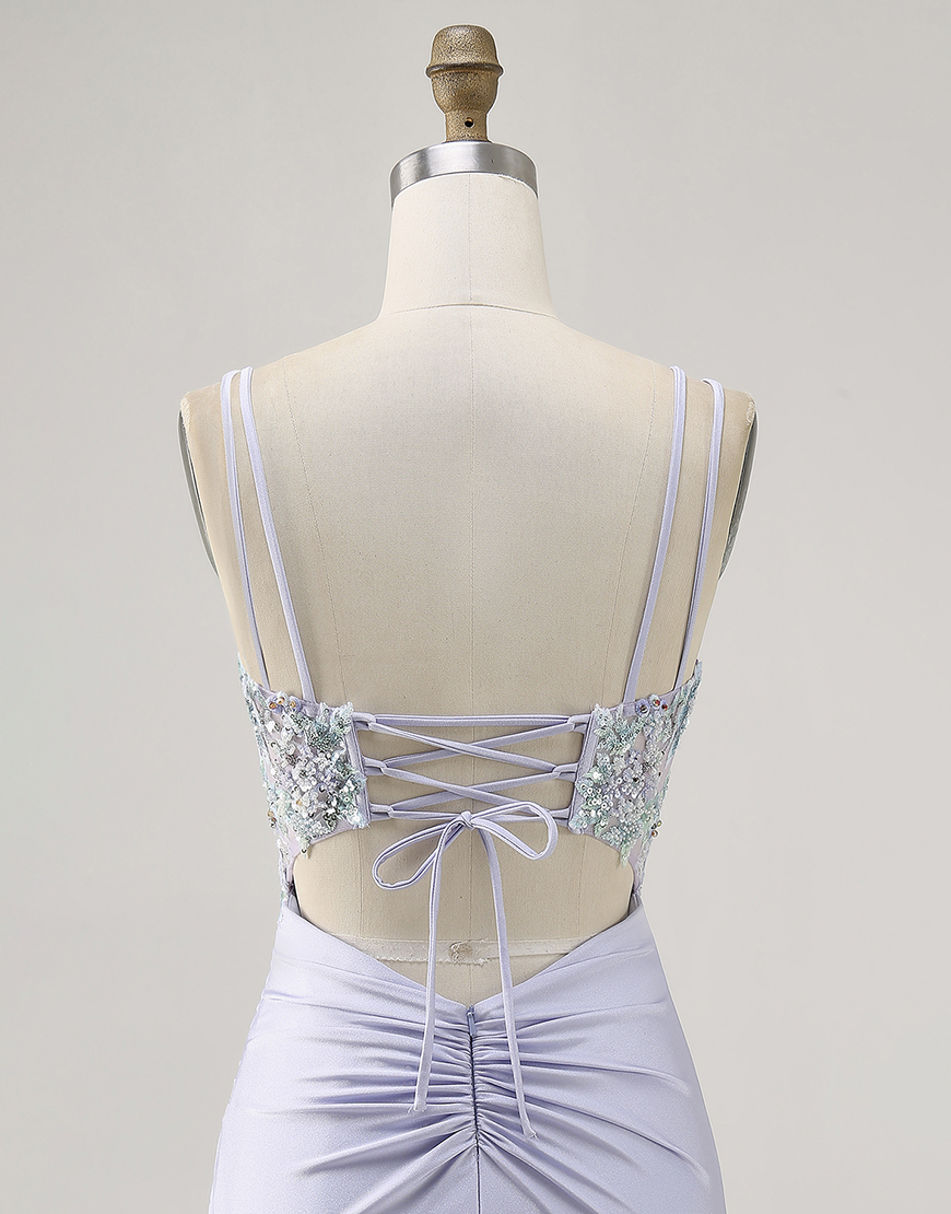 Lavender Corset Satin Floral Short Homecoming Dress with Lace