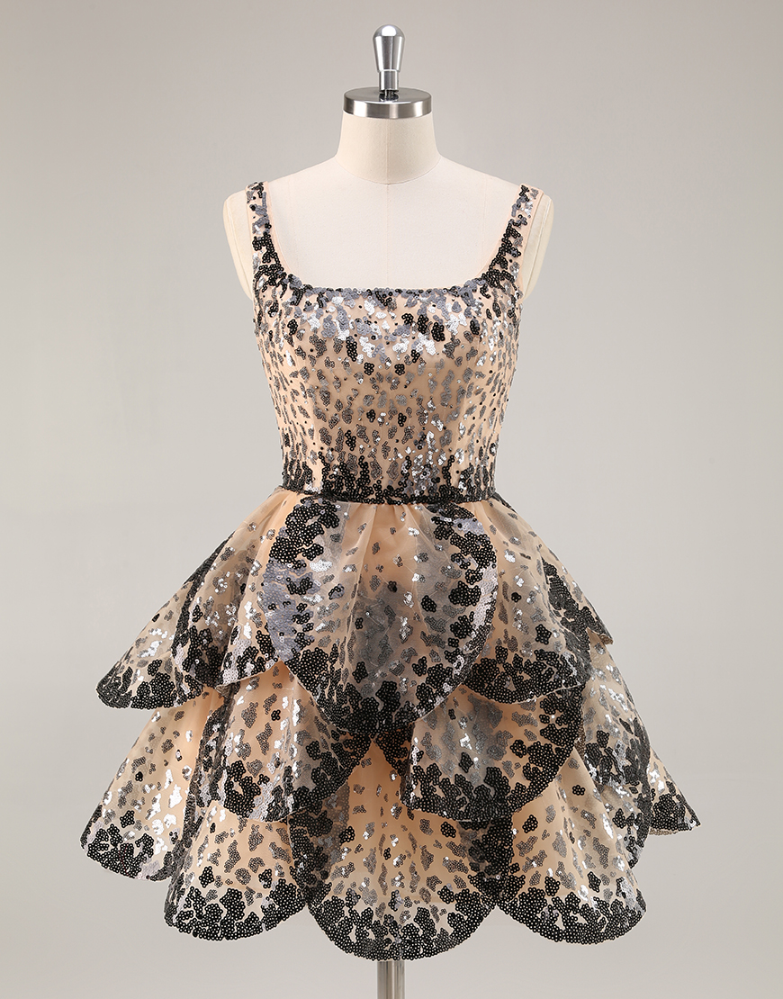 Sparkly Black and Apricot Sequin Tiered Short Homecoming Dress with Ruffles