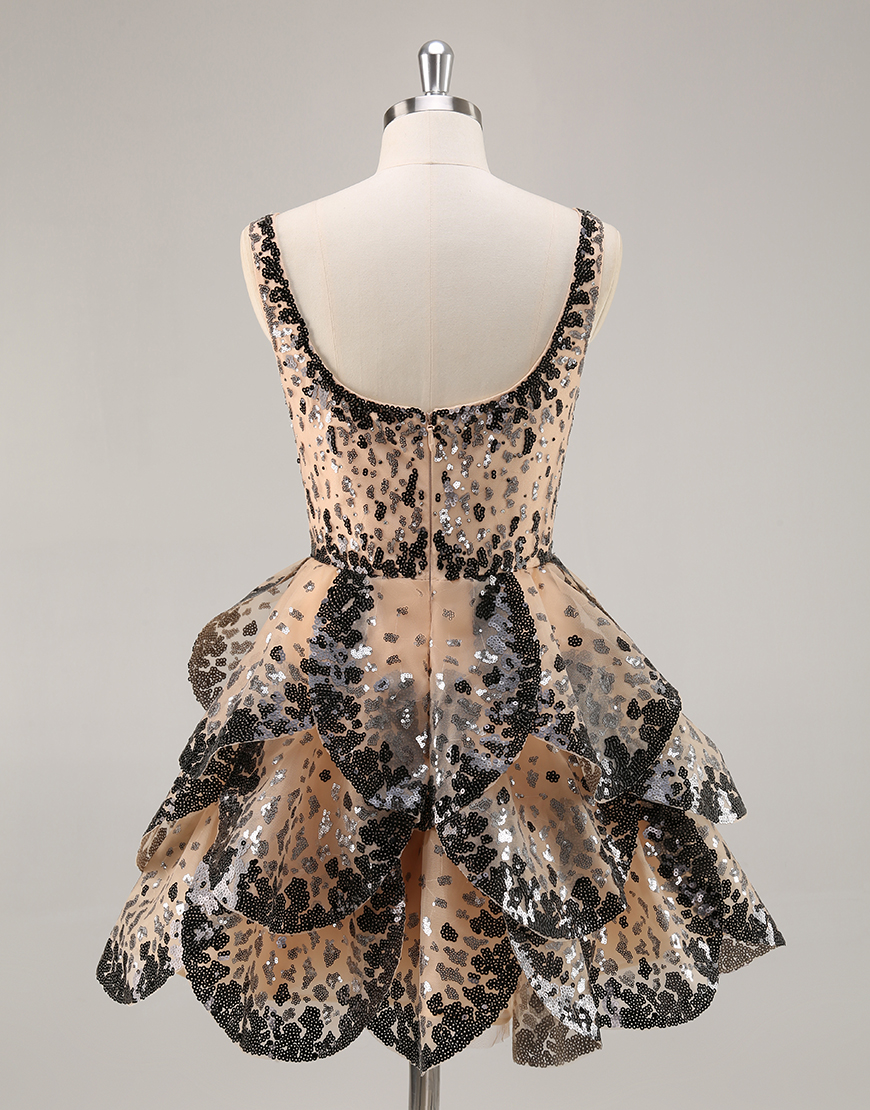 Sparkly Black and Apricot Sequin Tiered Short Homecoming Dress with Ruffles