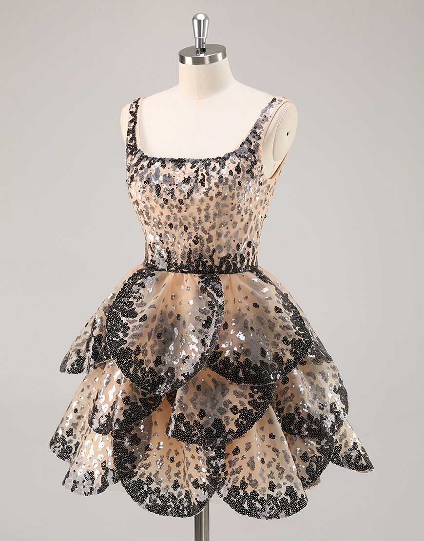 Sparkly Black and Apricot Sequin Tiered Short Homecoming Dress with Ruffles
