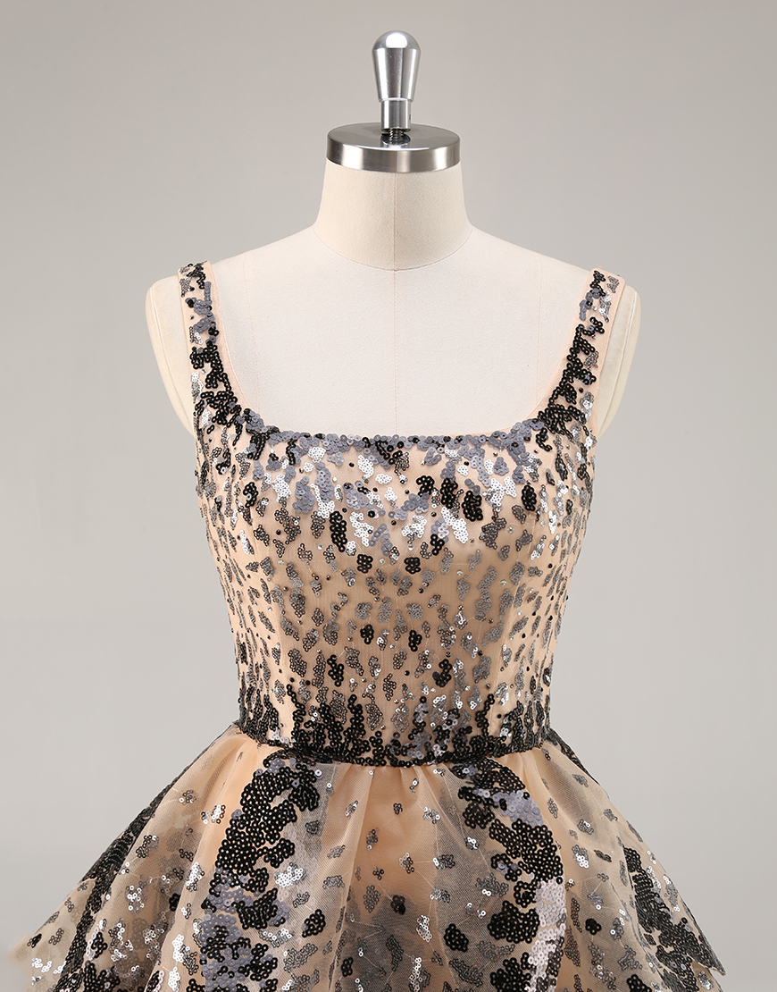 Sparkly Black and Apricot Sequin Tiered Short Homecoming Dress with Ruffles