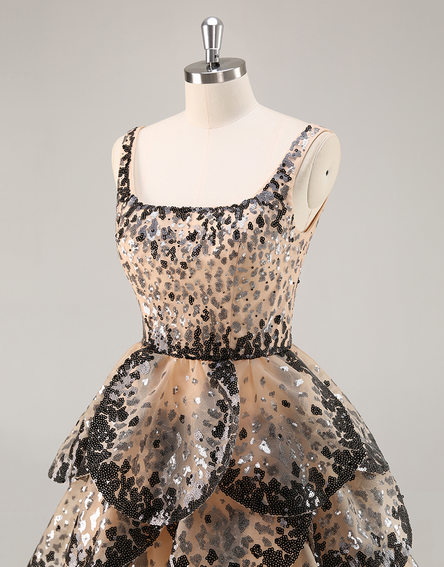 Sparkly Black and Apricot Sequin Tiered Short Homecoming Dress with Ruffles