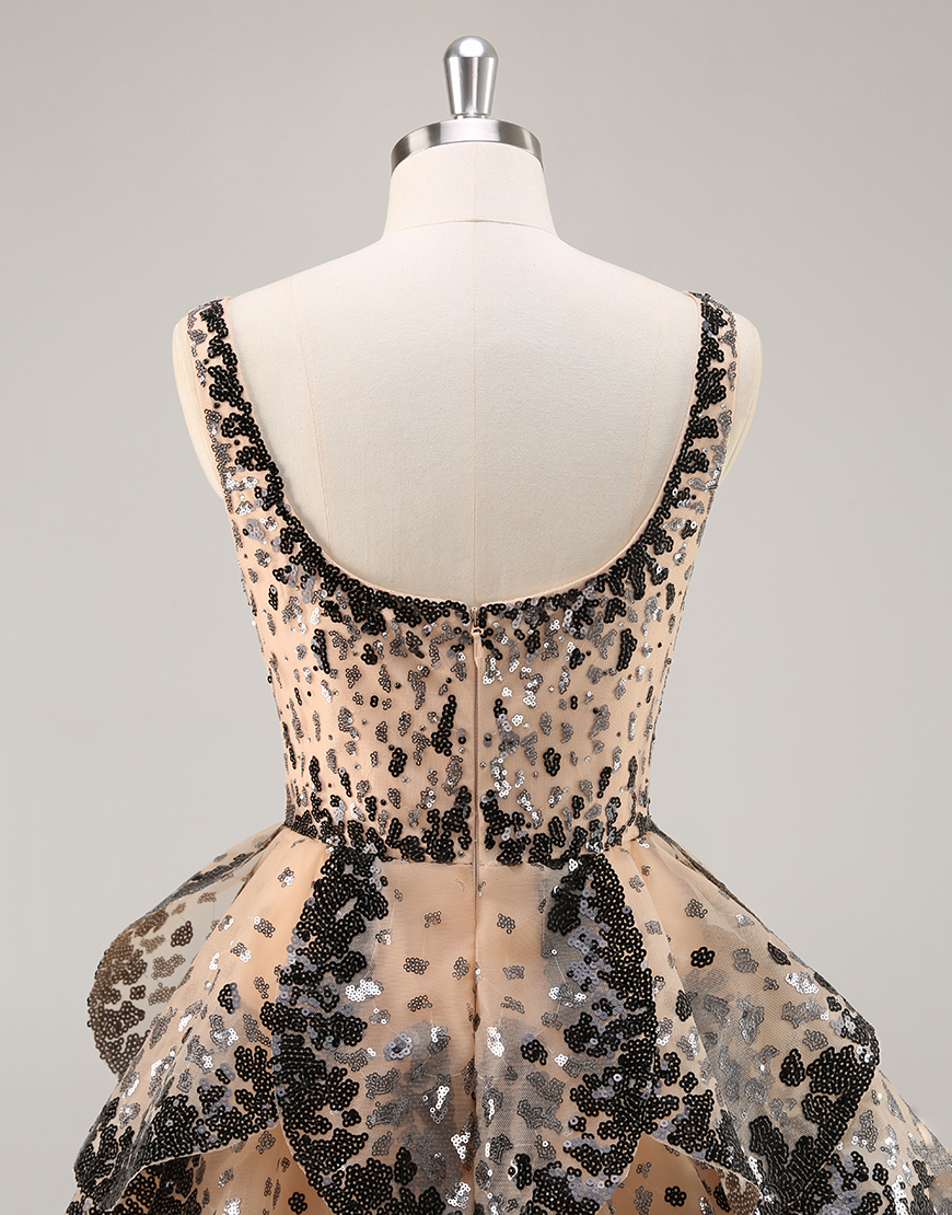 Sparkly Black and Apricot Sequin Tiered Short Homecoming Dress with Ruffles