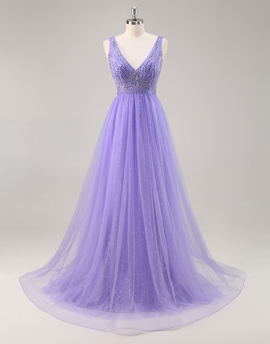 Sparkly Purple V-Neck A Line Long Prom Dress with Beading