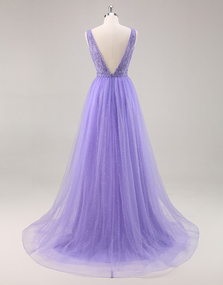 Sparkly Purple V-Neck A Line Long Prom Dress with Beading