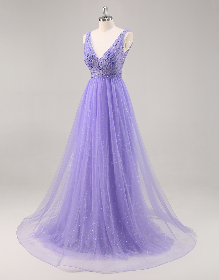 Sparkly Purple V-Neck A Line Long Prom Dress with Beading