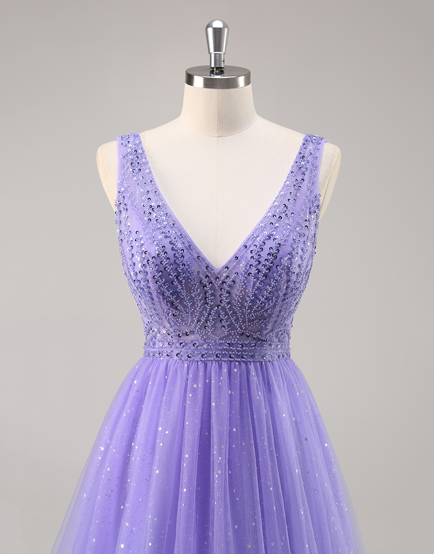 Sparkly Purple V-Neck A Line Long Prom Dress with Beading