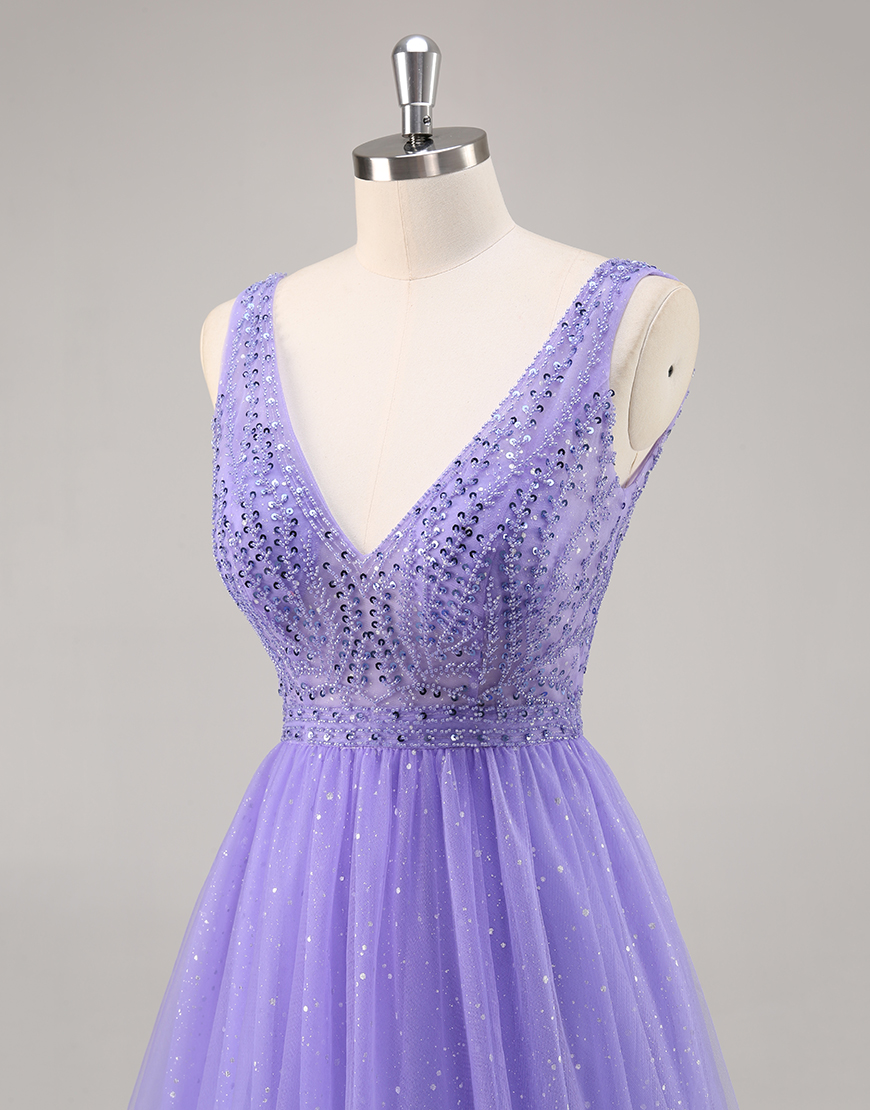 Sparkly Purple V-Neck A Line Long Prom Dress with Beading