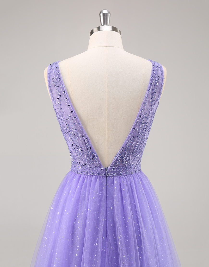 Sparkly Purple V-Neck A Line Long Prom Dress with Beading