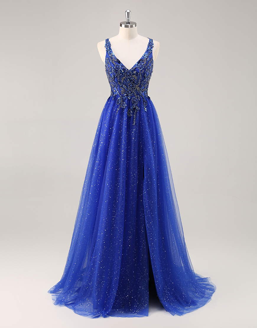 Sparkly Royal Blue Corset Beaded V-Neck Long Prom Dress with Slit