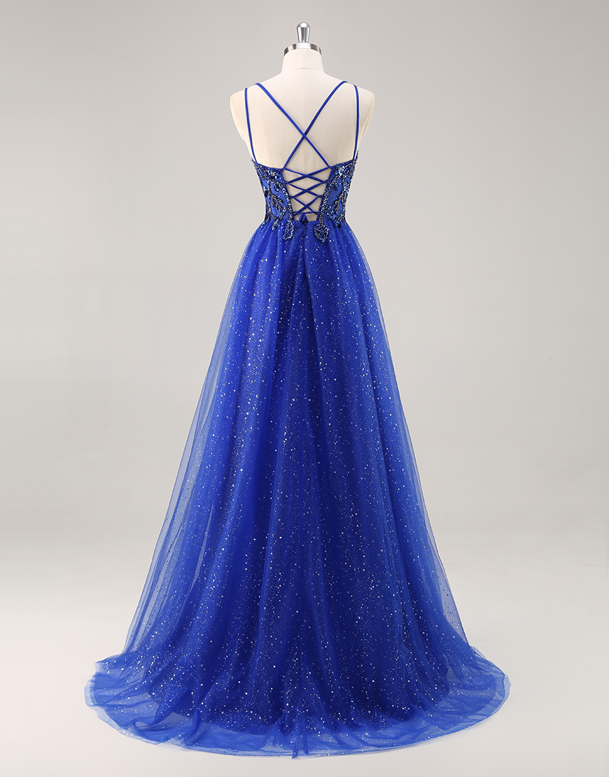 Sparkly Royal Blue Corset Beaded V-Neck Long Prom Dress with Slit