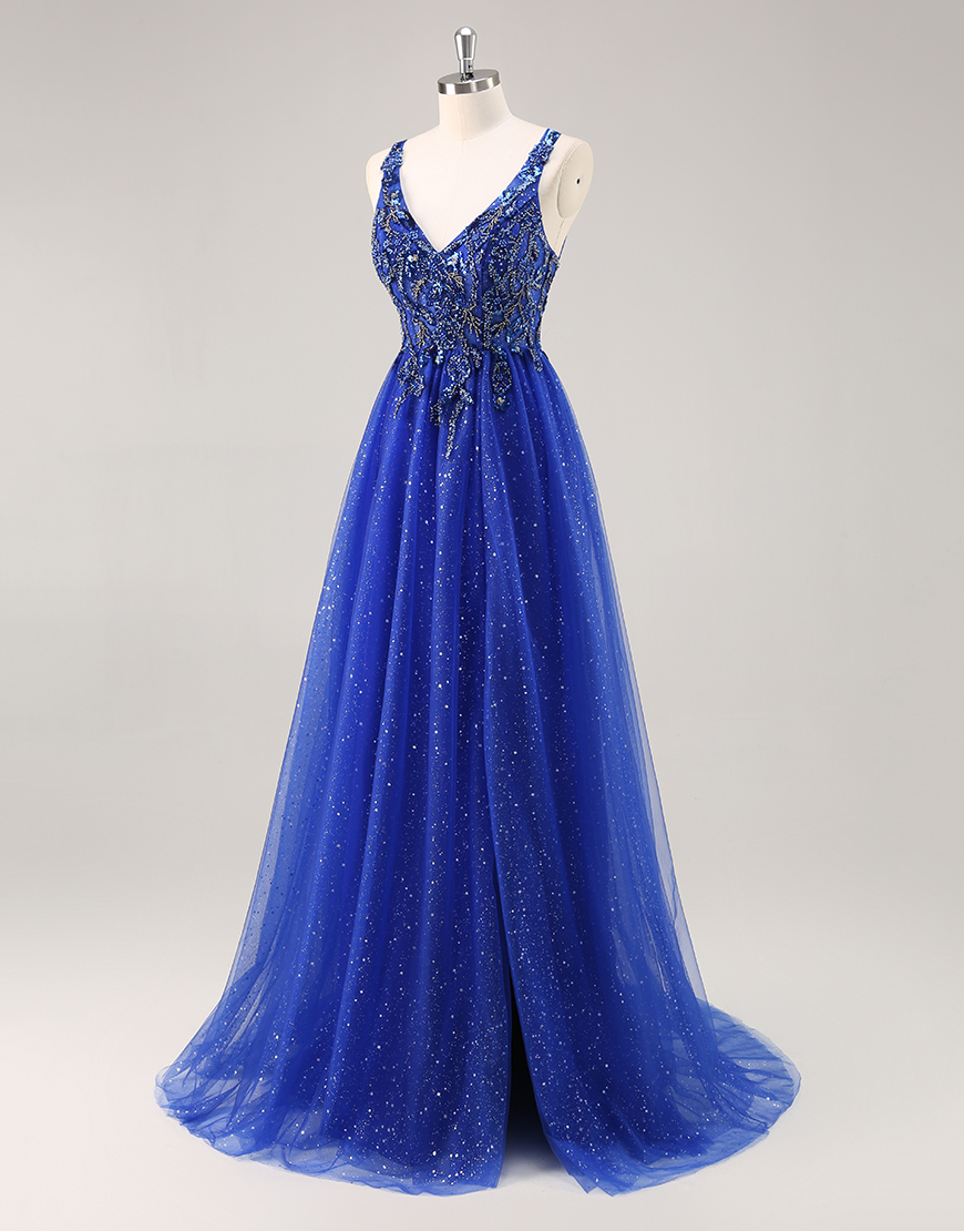 Sparkly Royal Blue Corset Beaded V-Neck Long Prom Dress with Slit