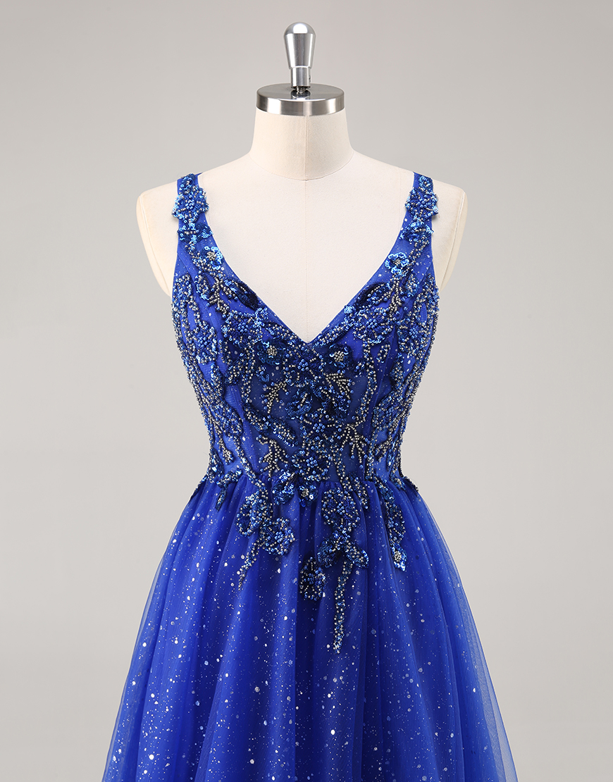 Sparkly Royal Blue Corset Beaded V-Neck Long Prom Dress with Slit