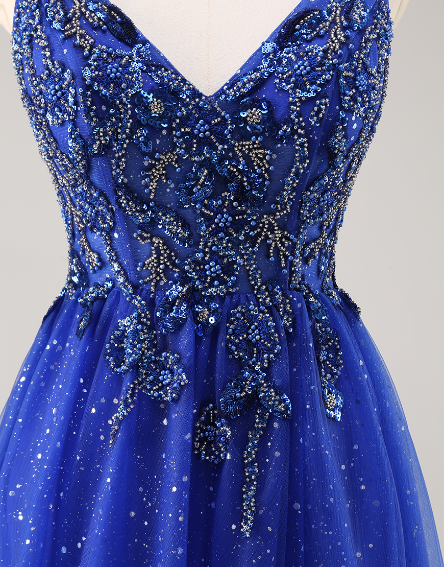 Sparkly Royal Blue Corset Beaded V-Neck Long Prom Dress with Slit