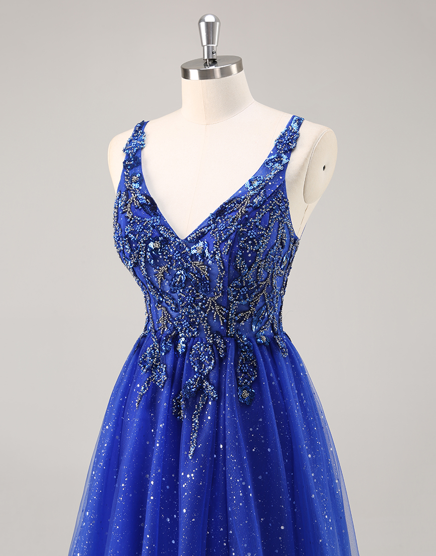 Sparkly Royal Blue Corset Beaded V-Neck Long Prom Dress with Slit