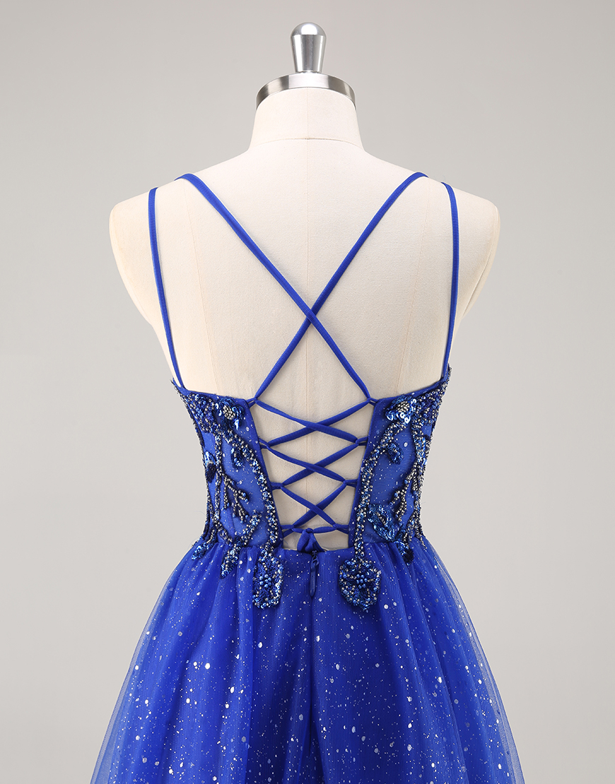 Sparkly Royal Blue Corset Beaded V-Neck Long Prom Dress with Slit