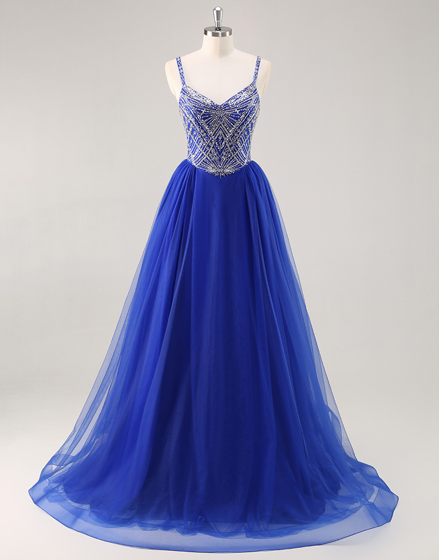 Sparkly Royal Blue Spaghetti Straps Long Prom Dress with Beading