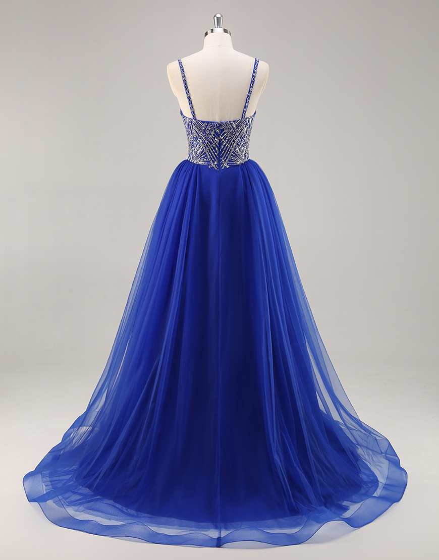 Sparkly Royal Blue Spaghetti Straps Long Prom Dress with Beading