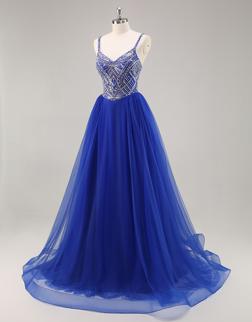 Sparkly Royal Blue Spaghetti Straps Long Prom Dress with Beading