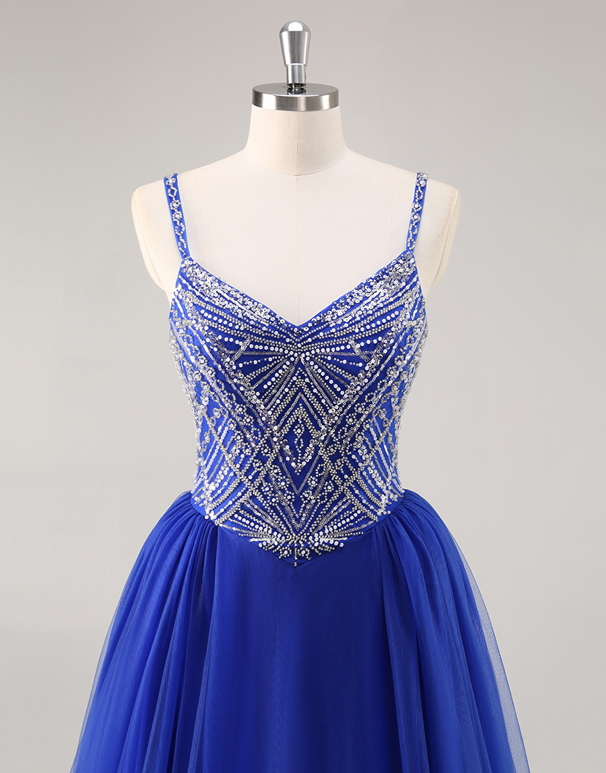 Sparkly Royal Blue Spaghetti Straps Long Prom Dress with Beading