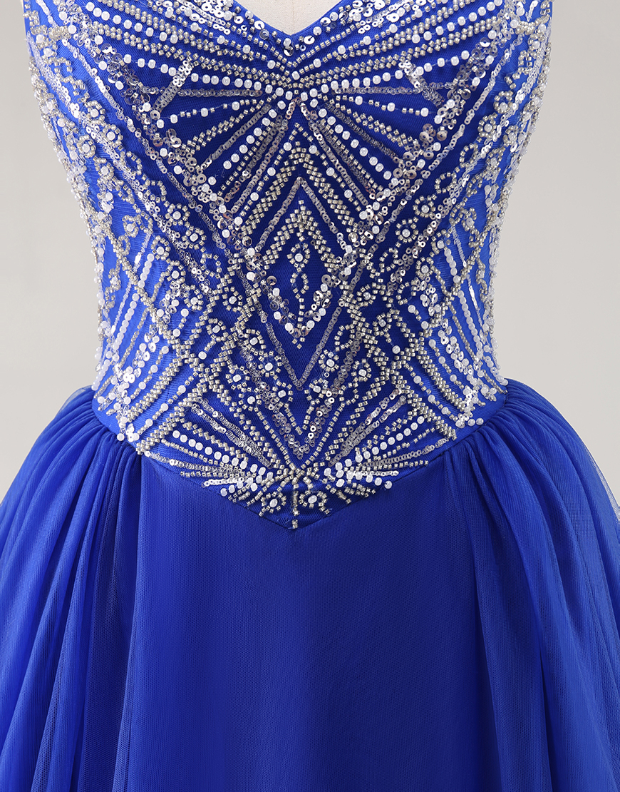 Sparkly Royal Blue Spaghetti Straps Long Prom Dress with Beading
