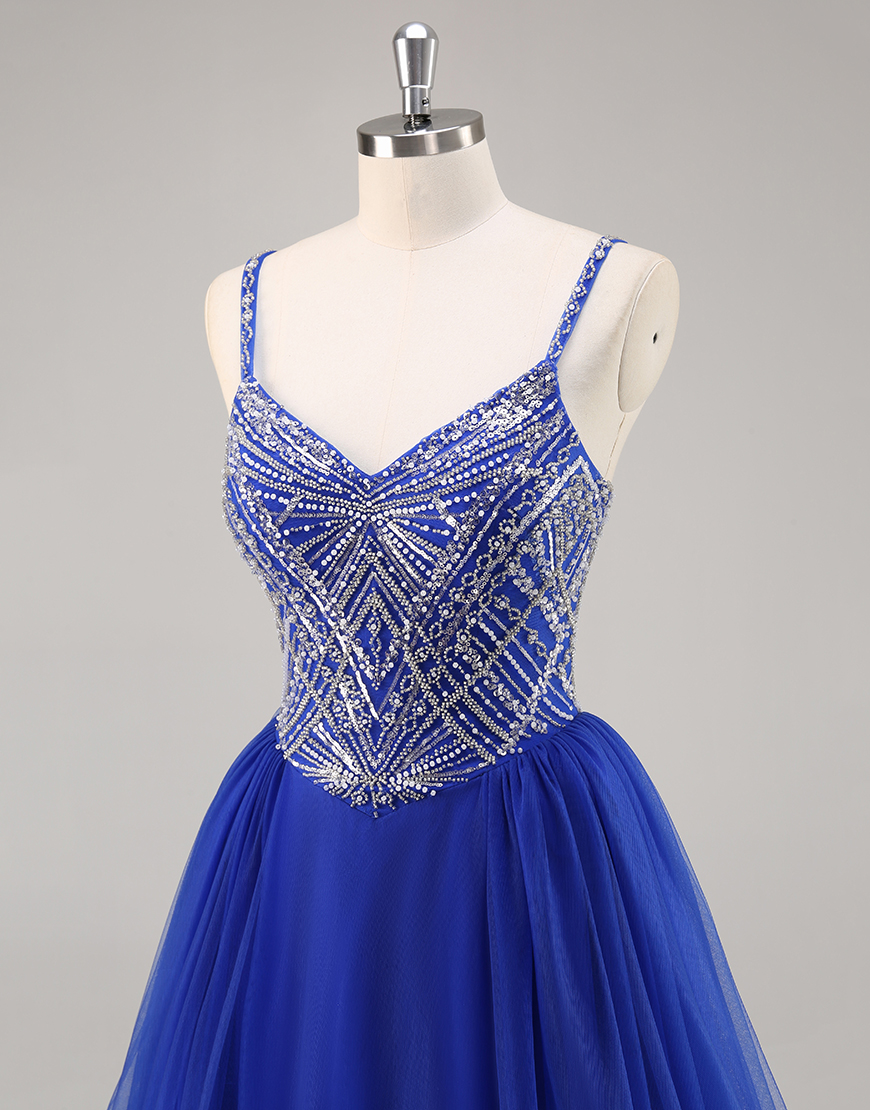 Sparkly Royal Blue Spaghetti Straps Long Prom Dress with Beading
