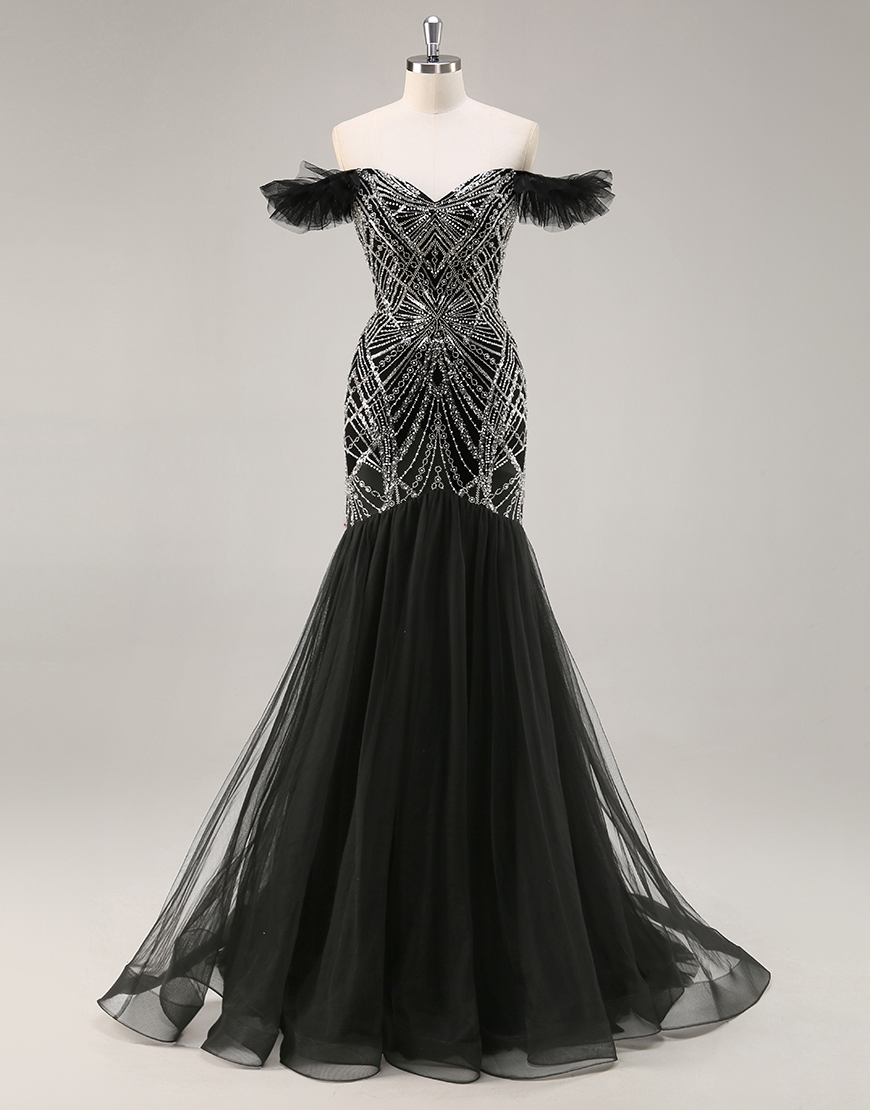 Sparkly Black Off the Shoulder Mermaid Long Prom Dress with Beading